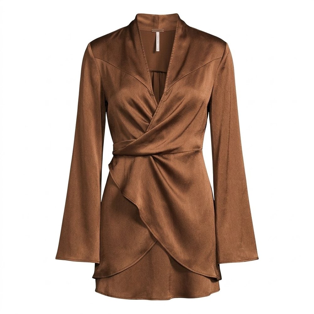 NWT Free People Bronze Satin Wrap Top Long Sleeve Size S Boho V-Neck Metallic